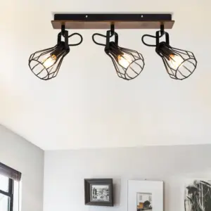 COSYLYTE Kendan 3 Light Matt Black Wire Shade Spotlight with Wooden Backplate