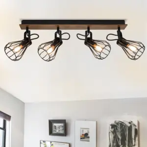 COSYLYTE Kendan 4 Light Matt Black Wire Shade Spotlight with Wooden Backplate
