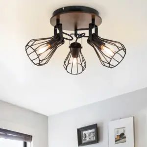 COSYLYTE Kandan 3 Light Matt Black Wire Shade Spotlight with Wooden Backplate