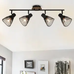 COSYLYTE Hadley 4 Light Matt Black Wire Shade Spotlight with Wooden Backplate