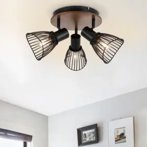 COSYLYTE Hadley 3 Light Matt Black Wire Shade Spotlight with Wooden Backplate